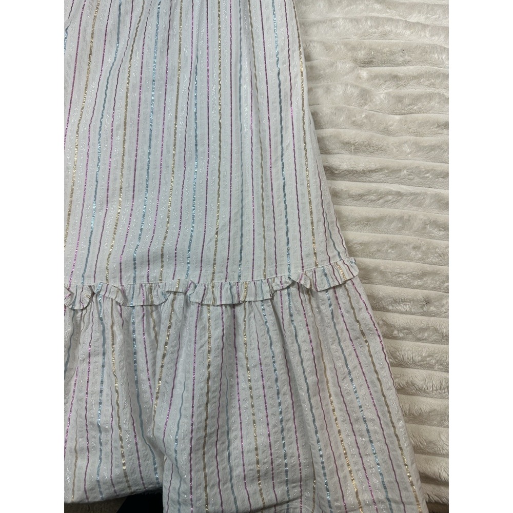 J Crew‎ Dress Women's White Multi Metallic Shimmer Stripe Ruffle Trim Midi 10 - Picture 4 of 15